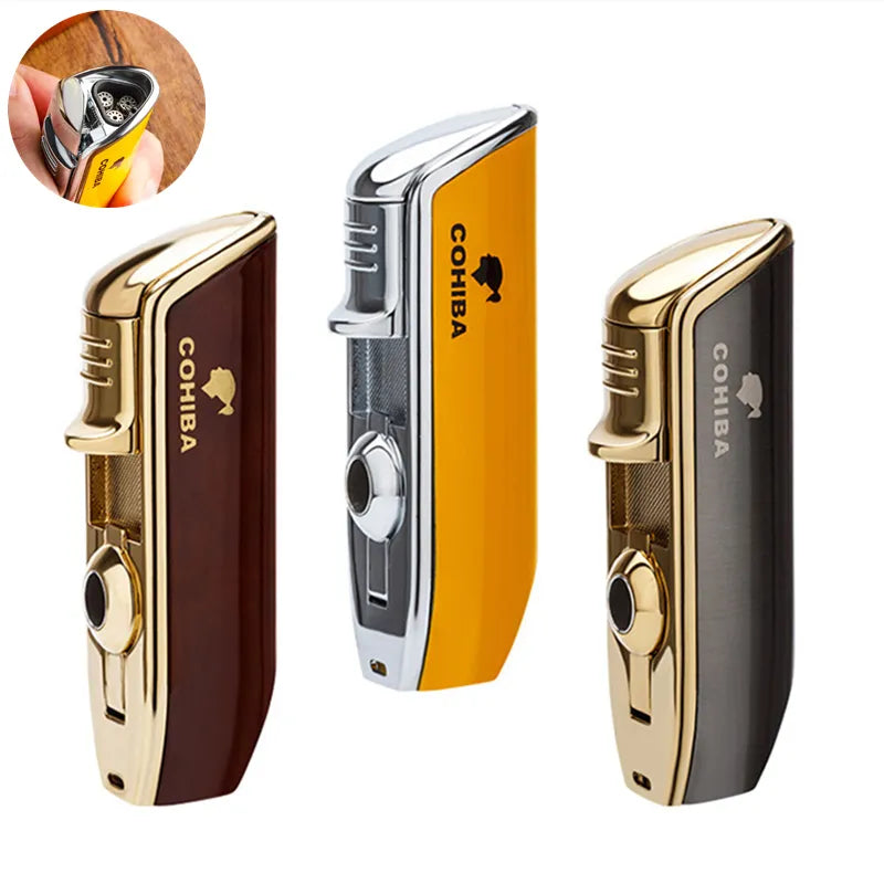 New COHIBA Metal Cigar Lighter 3 Jet Blue Flame Turbo Torch Windproof Lighter Portable Igniter With Cigar Punch Tool Men Gift